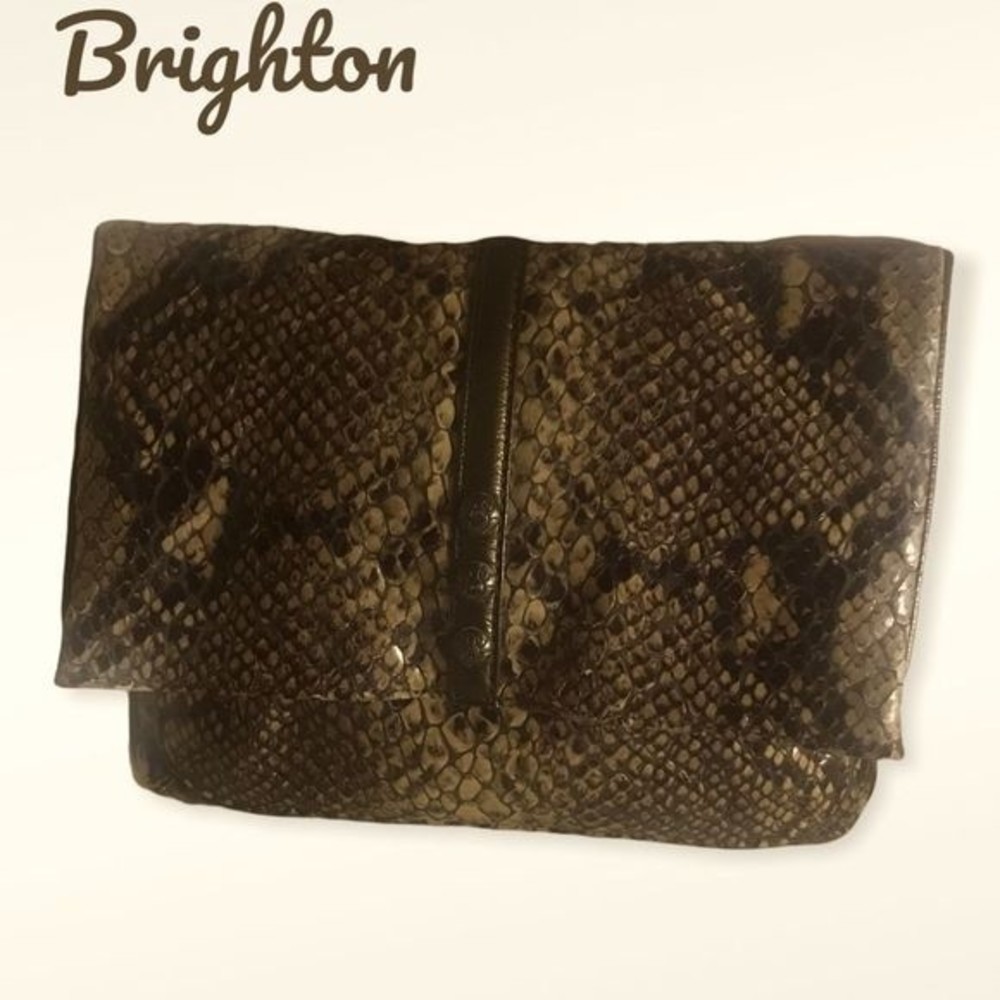 BRIGHTON Clutch Snakeskin Brown Magnetic Clasp Size 9” x  8”